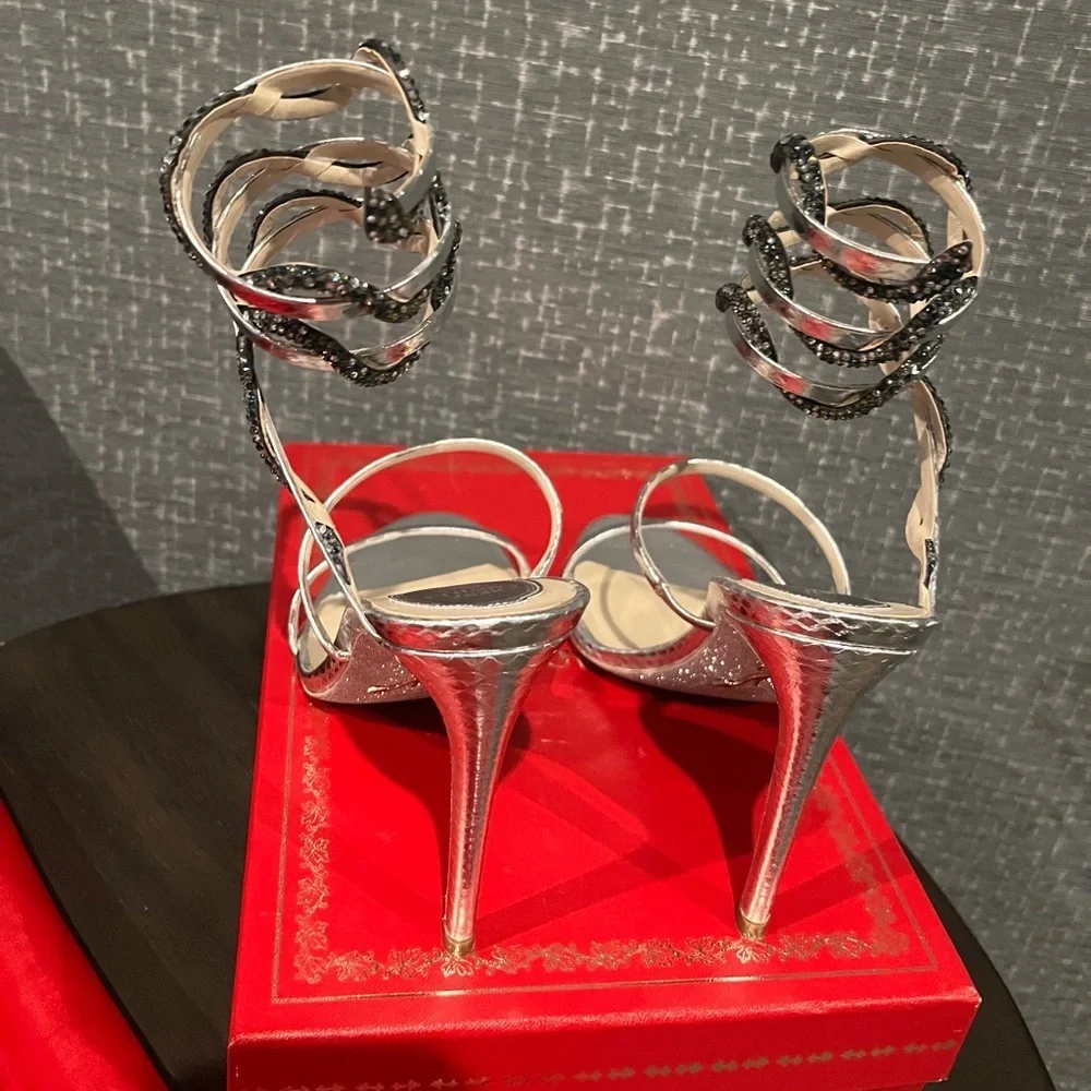 NIB Rene Caovilla Botticelli Montana Crystal Ankle Wrap Sandals Heels Silver 8